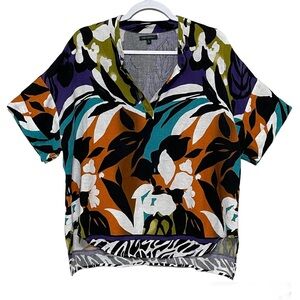 For Cynthia Linen Blend Bold Artsy Vibrant Colorful Blouse V-Neck Relaxed Size L